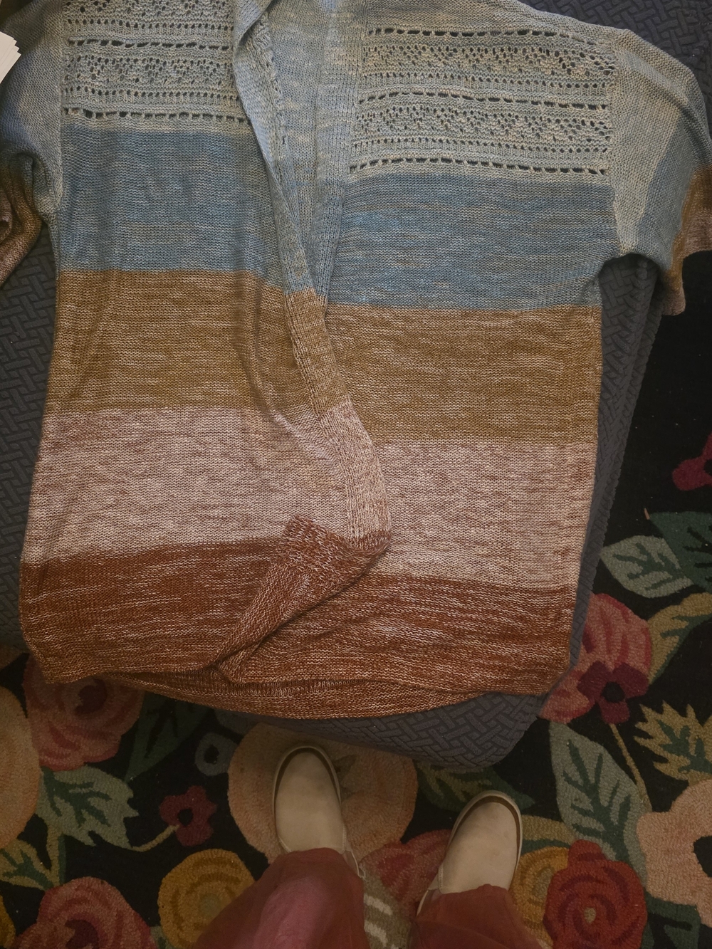 Maurices Striped Open-Knit Cardigan in Blue, Brown, Tan